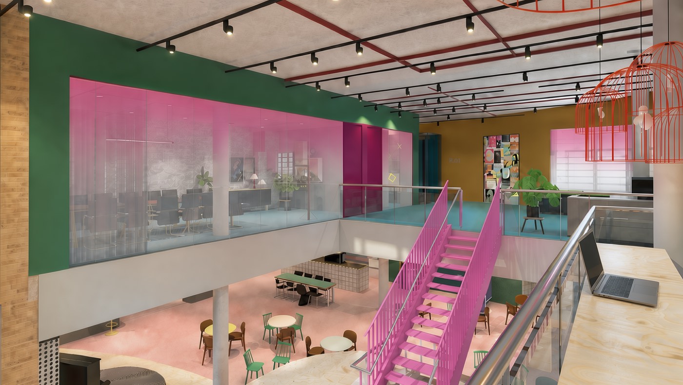 Vergaderruimtes en werkplekken kijken uit over het open atrium.